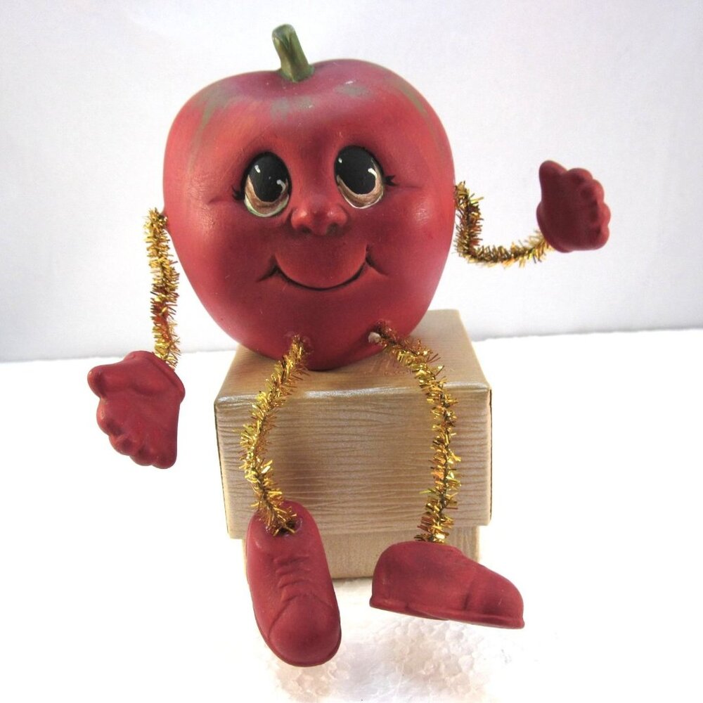 Vintage Anthropomorphic Ceramic Red Apple Shelf Sitter